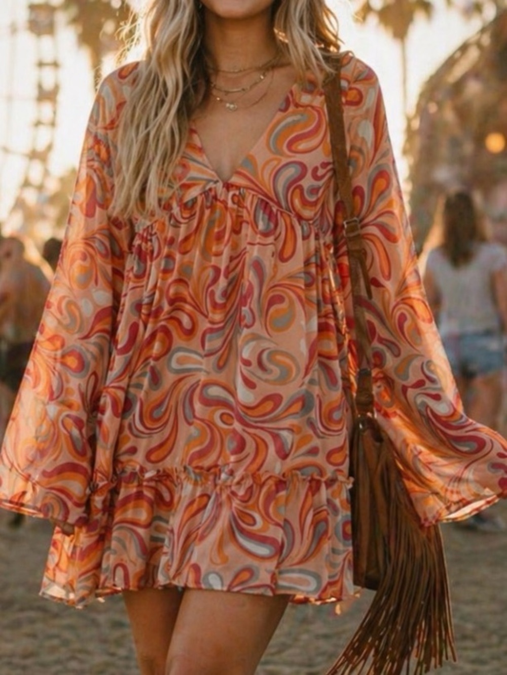 Peach Love Hippie Women's Mini Dress Size L Psychedelic Paisley Print Festival